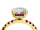 Yellow gold Princess Cut Diamond Pave Band Solitaire Ring with Round with Garnet side stone and Prong Setting_16