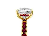Yellow gold Princess Cut Diamond Pave Band Solitaire Ring with Round with Garnet side stone and Prong Setting_17