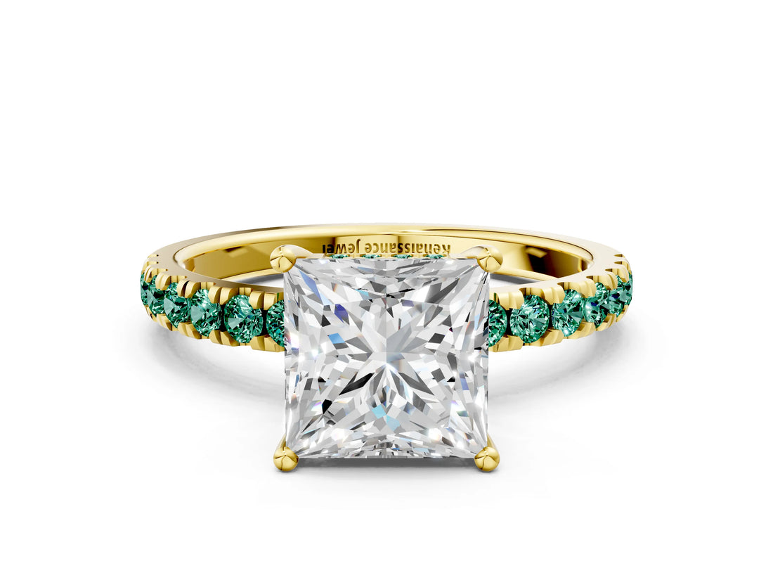 Yellow gold Princess Cut Diamond Pave Band Solitaire Ring with Round with Green Sapphire side stone and Prong Setting_24