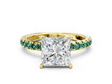 Yellow gold Princess Cut Diamond Pave Band Solitaire Ring with Round with Green Sapphire side stone and Prong Setting_24