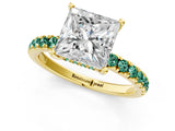 Yellow gold Princess Cut Diamond Pave Band Solitaire Ring with Round with Green Sapphire side stone and Prong Setting_25
