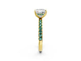 Yellow gold Princess Cut Diamond Pave Band Solitaire Ring with Round with Green Sapphire side stone and Prong Setting_26