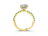 Yellow gold Princess Cut Diamond Pave Band Solitaire Ring with Round with Green Sapphire side stone and Prong Setting_27