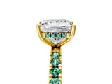 Yellow gold Princess Cut Diamond Pave Band Solitaire Ring with Round with Green Sapphire side stone and Prong Setting_29