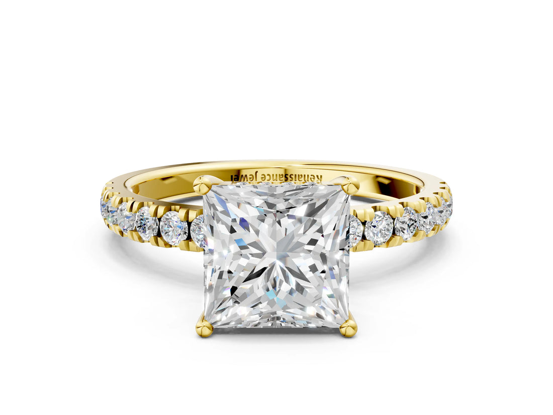 Yellow gold Princess Cut Diamond Pave Band Solitaire Ring with Round with Moissanite side stone and Prong Setting_24