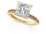 Yellow gold Princess Cut Diamond Pave Band Solitaire Ring with Round with Morganite side stone and Prong Setting_13