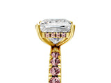 Yellow gold Princess Cut Diamond Pave Band Solitaire Ring with Round with Morganite side stone and Prong Setting_17