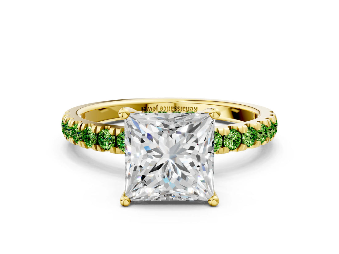 Yellow gold Princess Cut Diamond Pave Band Solitaire Ring with Round with Peridot side stone and Prong Setting