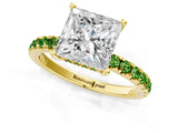 Yellow gold Princess Cut Diamond Pave Band Solitaire Ring with Round with Peridot side stone and Prong Setting_1