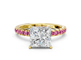 Yellow gold Princess Cut Diamond Pave Band Solitaire Ring with Round with Pink Sapphire side stone and Prong Setting_12