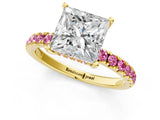 Yellow gold Princess Cut Diamond Pave Band Solitaire Ring with Round with Pink Sapphire side stone and Prong Setting_13