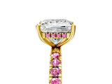Yellow gold Princess Cut Diamond Pave Band Solitaire Ring with Round with Pink Sapphire side stone and Prong Setting_17