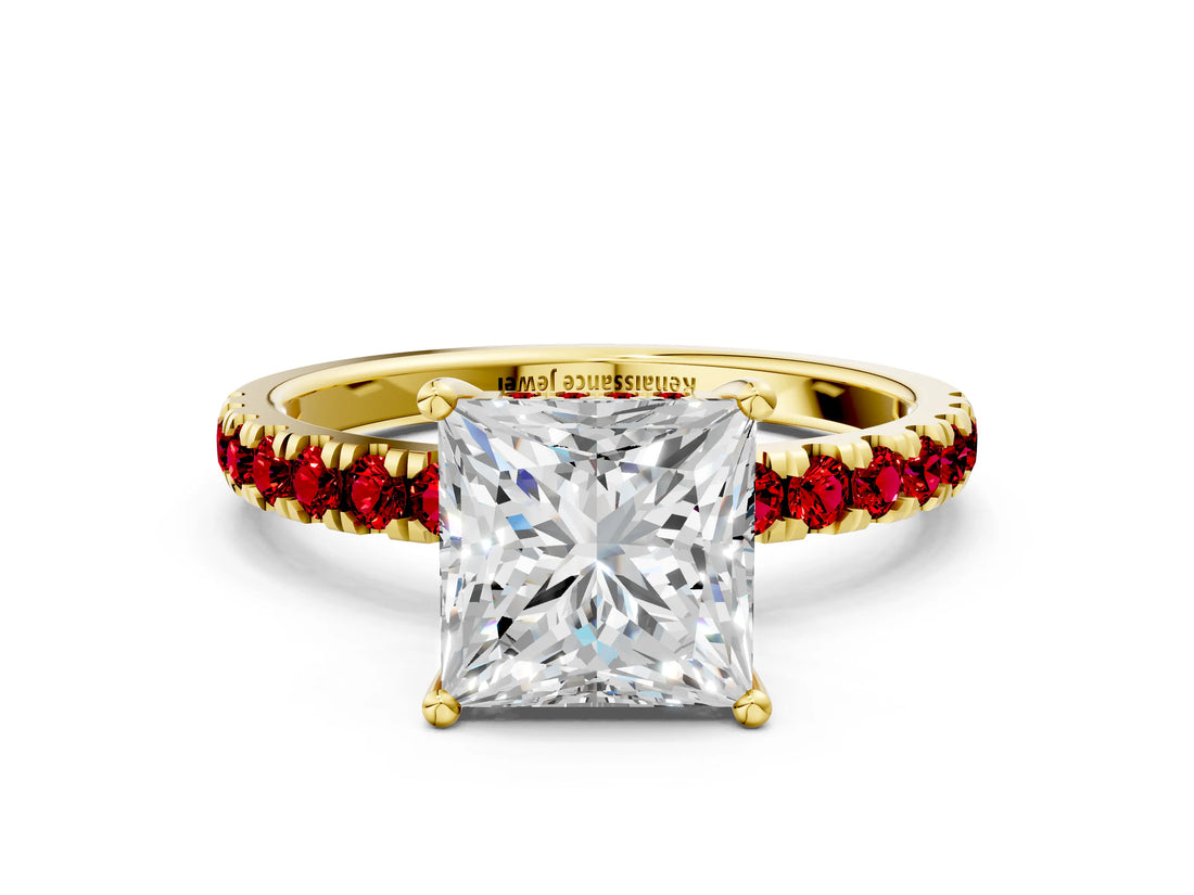 Yellow gold Princess Cut Diamond Pave Band Solitaire Ring with Round with Ruby side stone and Prong Setting_12