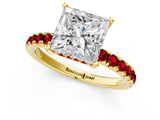 Yellow gold Princess Cut Diamond Pave Band Solitaire Ring with Round with Ruby side stone and Prong Setting_13
