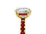 Yellow gold Princess Cut Diamond Pave Band Solitaire Ring with Round with Ruby side stone and Prong Setting_17