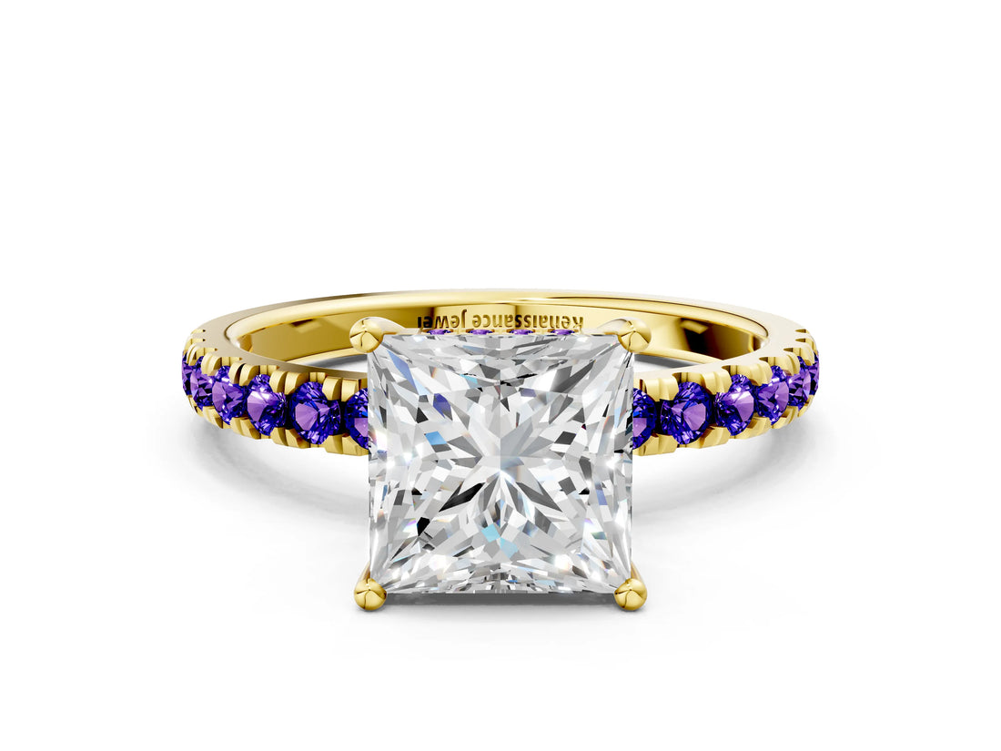Yellow gold Princess Cut Diamond Pave Band Solitaire Ring with Round with Tanzanite side stone and Prong Setting