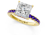Yellow gold Princess Cut Diamond Pave Band Solitaire Ring with Round with Tanzanite side stone and Prong Setting_1