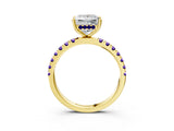 Yellow gold Princess Cut Diamond Pave Band Solitaire Ring with Round with Tanzanite side stone and Prong Setting_3