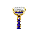 Yellow gold Princess Cut Diamond Pave Band Solitaire Ring with Round with Tanzanite side stone and Prong Setting_5