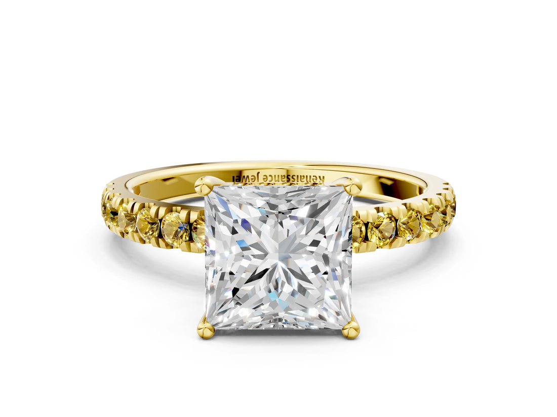 Yellow gold Princess Cut Diamond Pave Band Solitaire Ring with Round with Yellow Sapphire side stone and Prong Setting_12