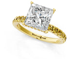 Yellow gold Princess Cut Diamond Pave Band Solitaire Ring with Round with Yellow Sapphire side stone and Prong Setting_13