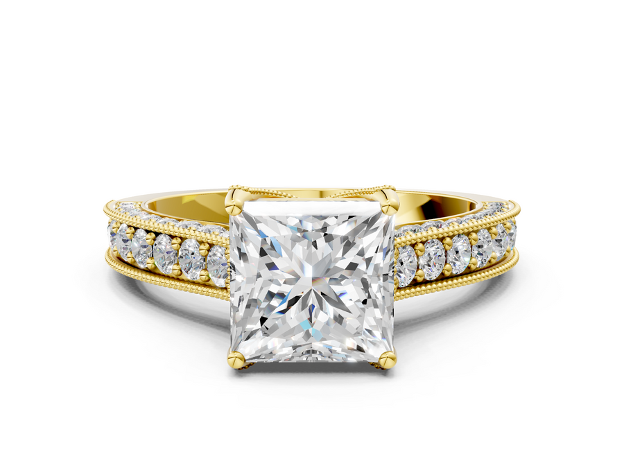 Yellow gold Princess Cut Diamond Solitaire Ring with Milgrain Pave Band and Four Prong Setting