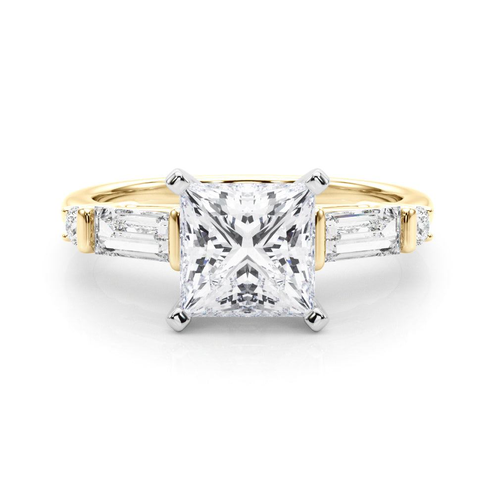 Yellow gold Princess Cut Diamond Ring with Baguette Side Stones, Channel Set Band, and Four-Prong Setting 1