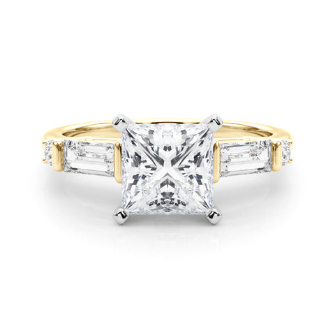 Yellow gold Princess Cut Diamond Ring with Baguette Side Stones, Channel Set Band, and Four-Prong Setting 1