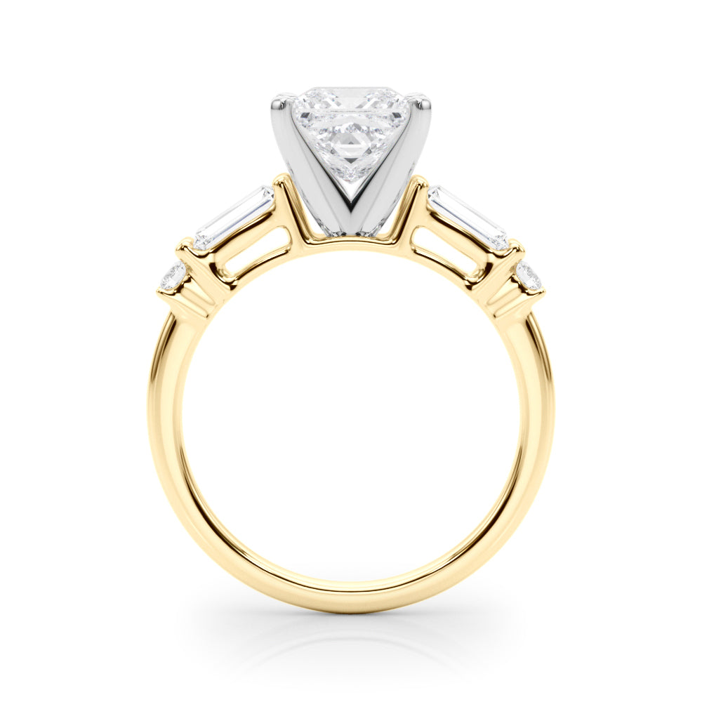 Yellow gold Princess Cut Diamond Ring with Baguette Side Stones, Channel Set Band, and Four-Prong Setting 2
