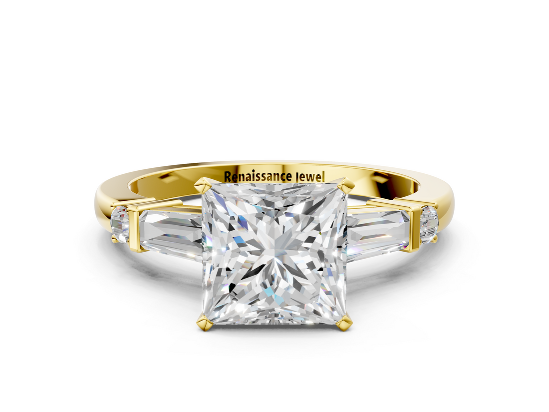 Yellow gold Princess Cut Diamond Ring with Baguette Side Stones, Channel Set Band, and Four-Prong Setting_26
