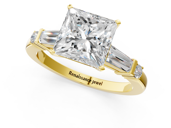 Yellow gold Princess Cut Diamond Ring with Baguette Side Stones, Channel Set Band, and Four-Prong Setting