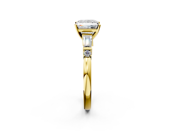 Yellow gold Princess Cut Diamond Ring with Baguette Side Stones, Channel Set Band, and Four-Prong Setting