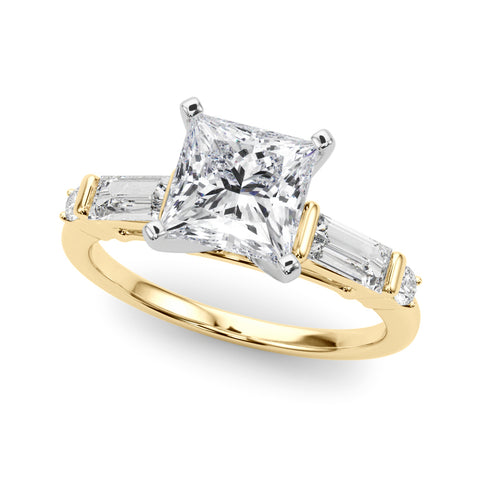 Yellow gold Princess Cut Diamond Ring with Baguette Side Stones, Channel Set Band, and Four-Prong Setting