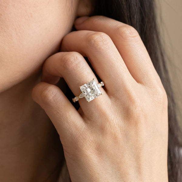 Yellow gold Princess Cut Diamond Ring with Marquise Side Stones and Prong Setting