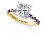 Yellow gold Princess Cut Diamond Ring with Marquise and Round with Amethyst side stone Side Stones and Four-Prong Setting_25