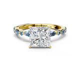 Yellow gold Princess Cut Diamond Ring with Marquise and Round with Aquamarine side stone Side Stones and Four-Prong Setting_12