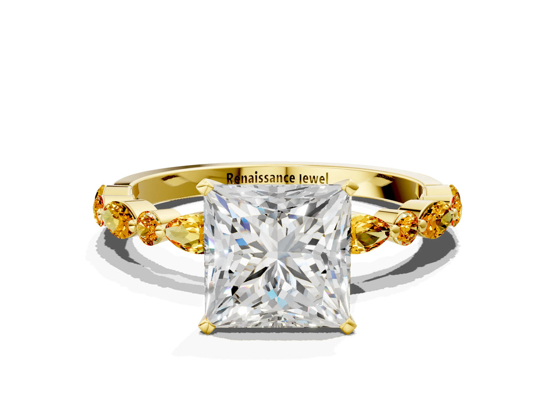 Yellow gold Princess Cut Diamond Ring with Marquise and Round with Citrine side stone Side Stones and Four-Prong Setting_12