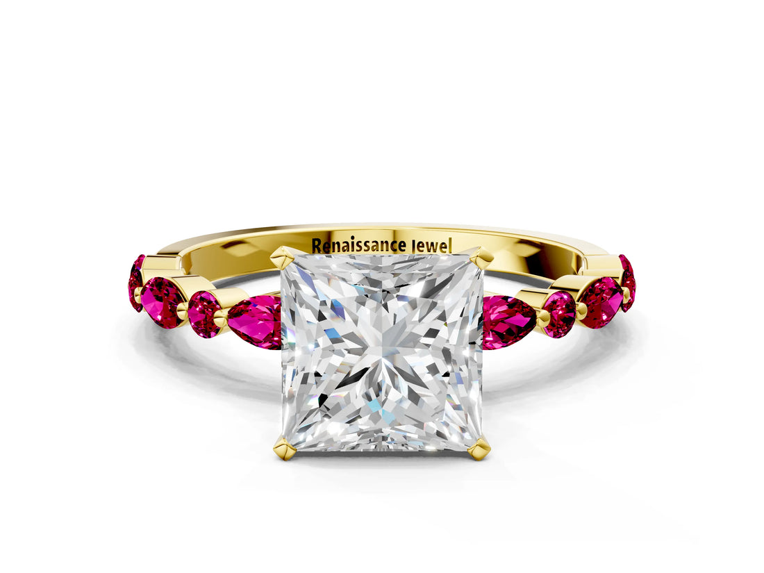 Yellow gold Princess Cut Diamond Ring with Marquise and Round with Garnet side stone Side Stones and Four-Prong Setting_36
