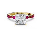 Yellow gold Princess Cut Diamond Ring with Marquise and Round with Garnet side stone Side Stones and Four-Prong Setting_36