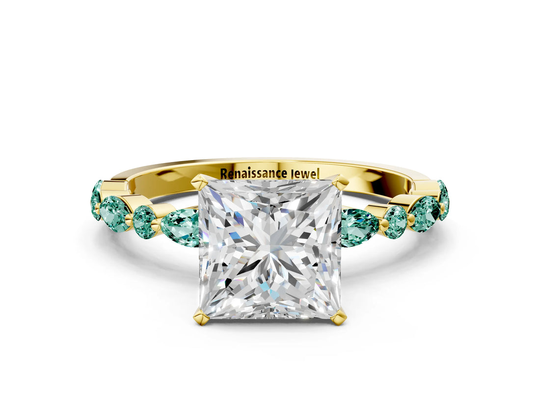 Yellow gold Princess Cut Diamond Ring with Marquise and Round with Green Sapphire side stone Side Stones and Four-Prong Setting_12