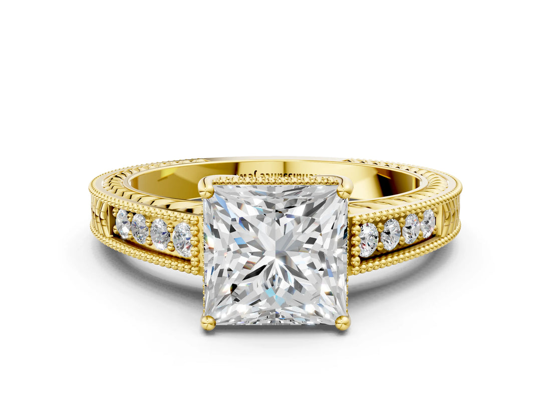 Yellow gold Princess Cut Diamond Ring with Milgrain Pavé Band and Four-Prong Setting_29