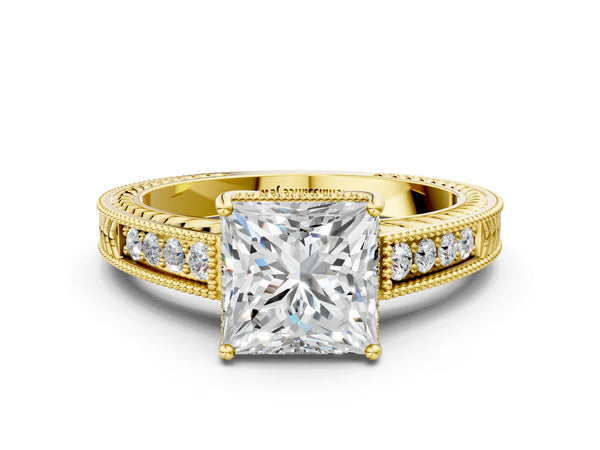 Yellow gold Princess Cut Diamond Ring with Milgrain Pavé Band and Four-Prong Setting