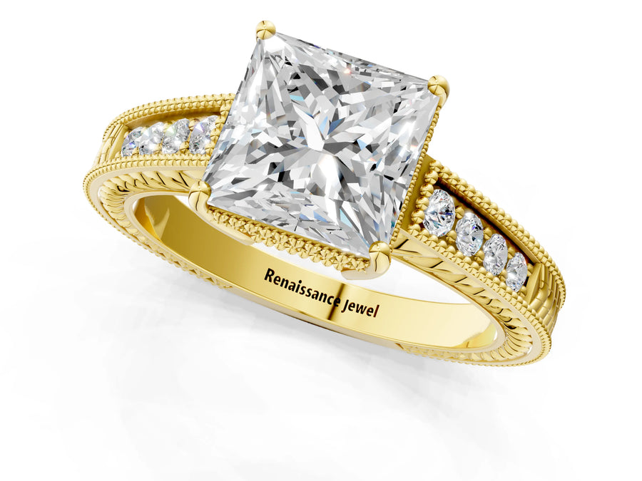 Yellow gold Princess Cut Diamond Ring with Milgrain Pavé Band and Four-Prong Setting
