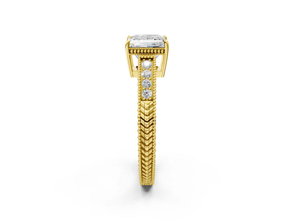 Yellow gold Princess Cut Diamond Ring with Milgrain Pavé Band and Four-Prong Setting