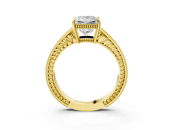 Yellow gold Princess Cut Diamond Ring with Milgrain Pavé Band and Four-Prong Setting