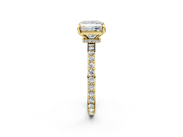 Yellow Gold Princess Cut Hidden Halo Pave Engagement Ring Setting with Slim Accent Band