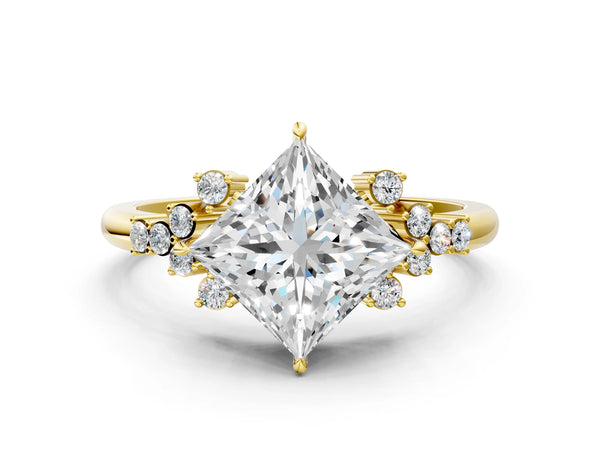 Yellow gold Princess Cut Diamond Ring with Side Stones and Four-Prong Setting