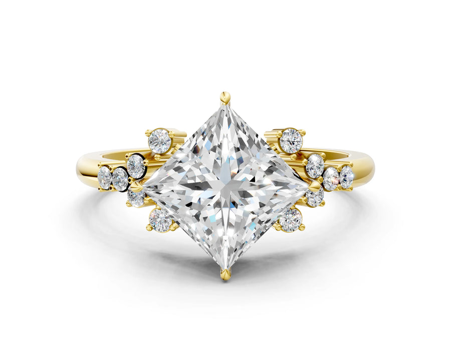 Yellow gold Princess Cut Diamond Ring with Side Stones and Four-Prong Setting