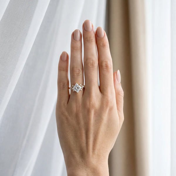 Yellow gold Princess Cut Diamond Ring with Side Stones and Four-Prong Setting