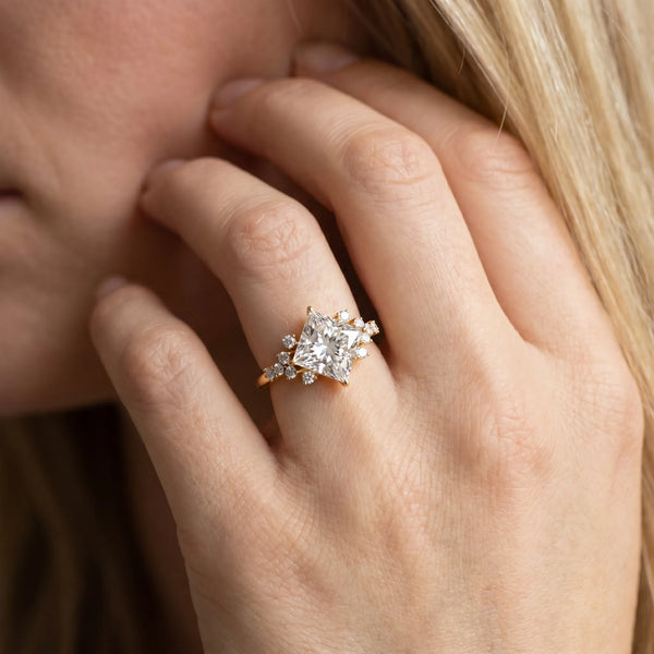 Yellow gold Princess Cut Diamond Ring with Side Stones and Four-Prong Setting